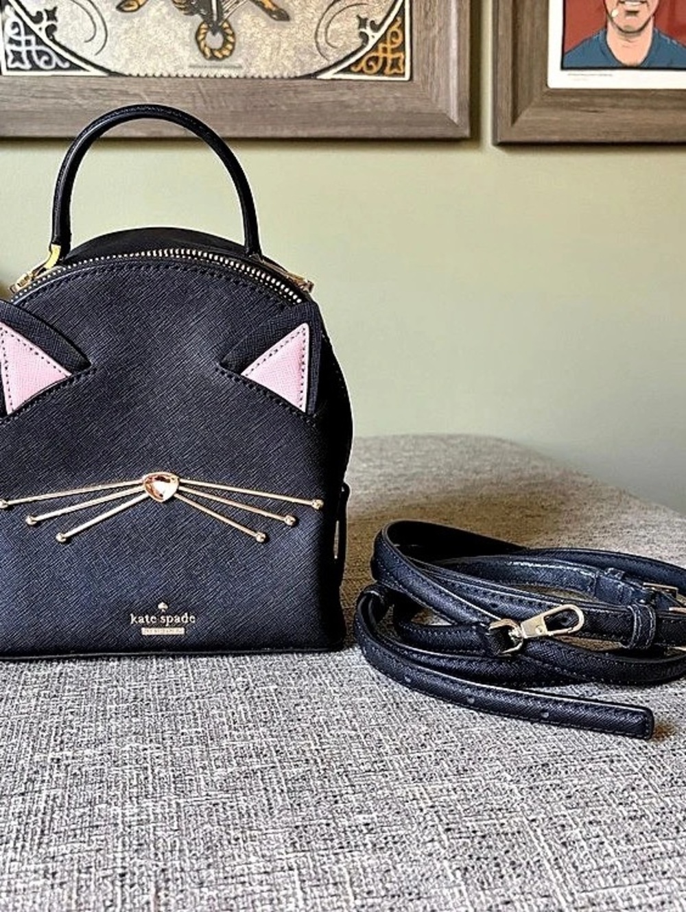 kate spade Black Cat Meow Small Convertible Backpack in Black & Pink